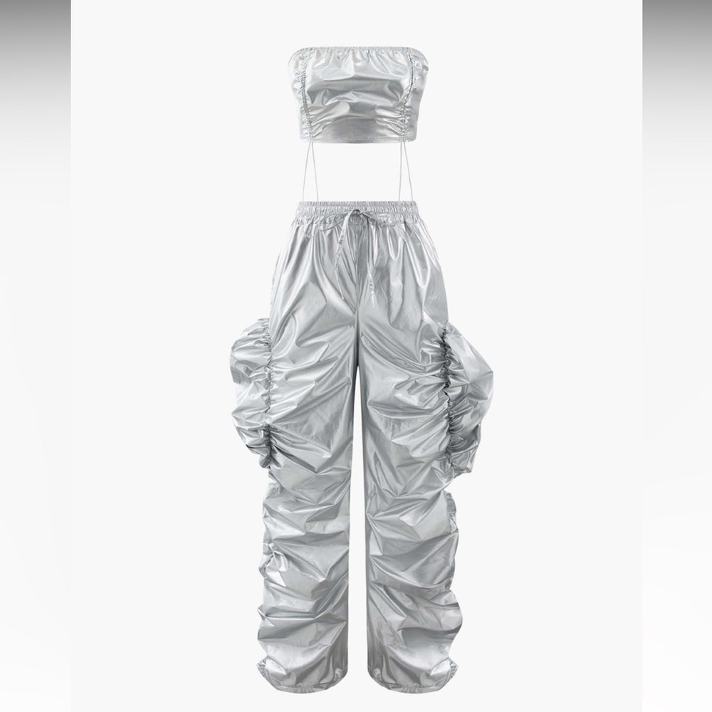 Metallic draw string tube top and metallic pants